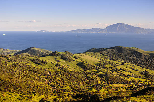 Straits Of Gibraltar A view across the Strait of Gibraltar taken from the hills above Tarifa, Spain. tarifa stock pictures, royalty-free photos & images