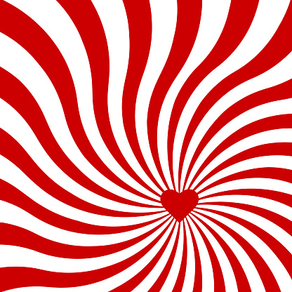 Red swirling pattern background. Vortex starburst spiral twirl square with red heart. Helix rotation rays. Converging scalable stripes. Vector illustration.