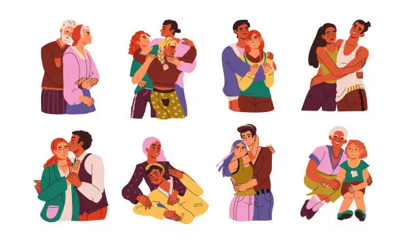 Vector illustration of People hugs. Female and male characters, happy men and women hugging, love couple. Girl persons and boy, beloved boyfriend cuddle girlfriend, students and friends loving. Vector exact set