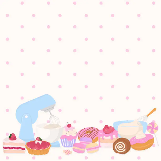 Vector illustration of Sweet bakery and electric mixer on polka dot pattern