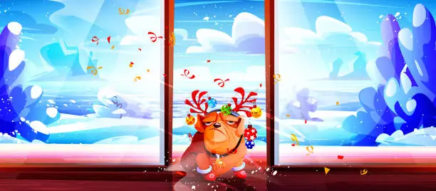 Vector illustration of A frozen, elegant New Year's bulldog with Christmas tree decorations against the backdrop of panoramic windows with a windy winter countryside landscape. Creative vector illustration in cartoon style.