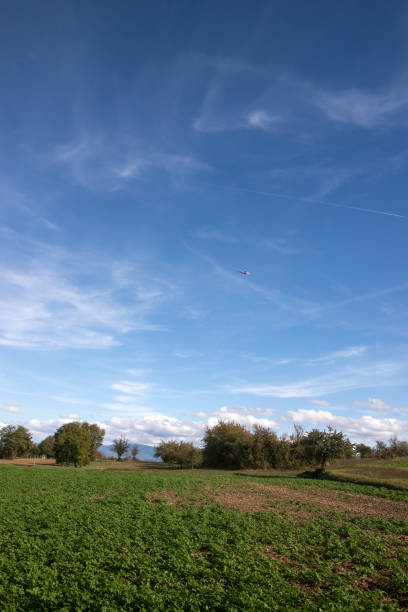 View of country landscape with a beautiful blue sky background