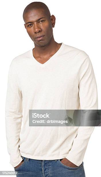 Serious Young Man Waist Up Portrait Stock Photo - Download Image Now - Men, Shirt, V-Neck