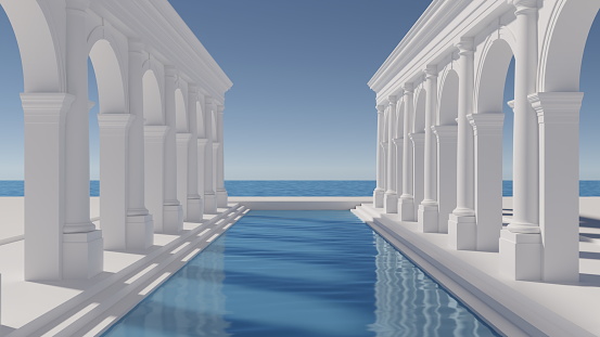Antique architecture columns, outdoor blue water pool. Blue sky and sea. Minimalism vacation relaxation. 3d render