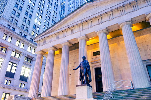 George Washington statue at Federal Hall in New York City, sculpted by John Quincy Adams Ward (1830-1910) and completed in 1882. 