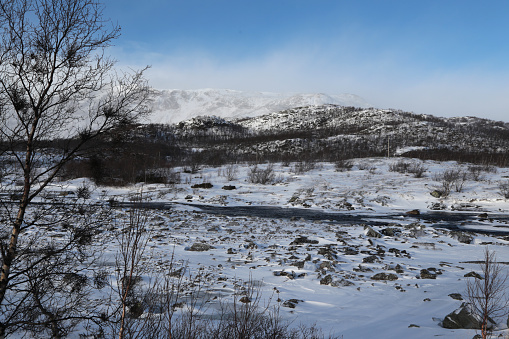 Landscape plateau in Norway in winter with snow, Hardangervidda, Ullensvang, Norway