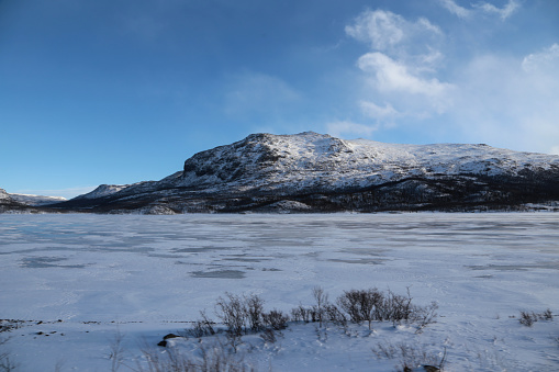 Landscape plateau in Norway in winter with snow, Hardangervidda, Ullensvang, Norway