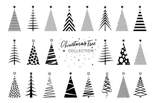 set clipart Christmas Tree in black silhouette icons, vector stylized Merry Christmas, festive themed winter holiday invitations with geometric decorations, clipart isolated on white background