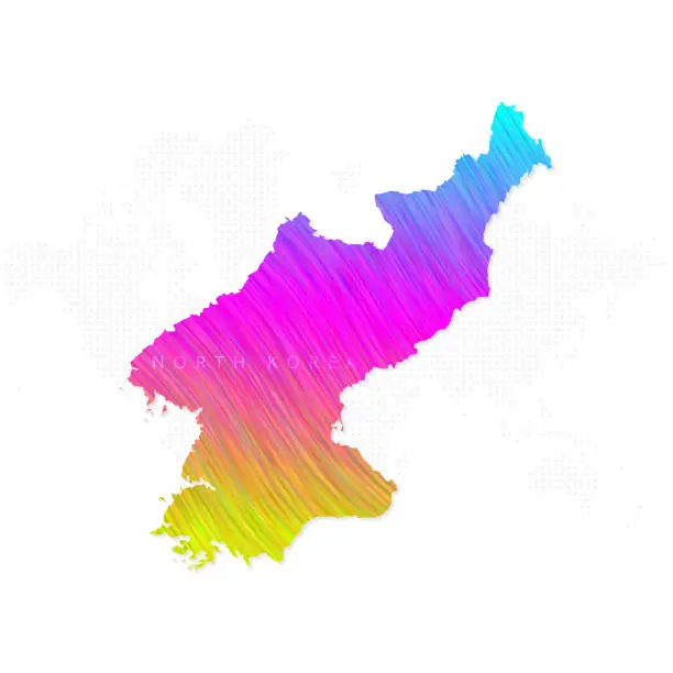 Vector illustration of North Korea map in colorful halftone gradients. Future geometric patterns of lines abstract on white background