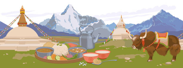 atribut budaya nepal. vektor, gaya datar. pegunungan, stupa buddha, teh dengan mentega dan garam, karangi, vegetarian nepal thali set (dal bhat), yak. - yak ilustrasi stok