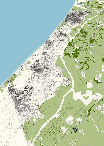 Map of Gaza strip, Israel, map and borders, reliefs and lakes. Streets and buildings. 3d rendering. https://www.openstreetmap.org/#map=11/31.4360/34.1273