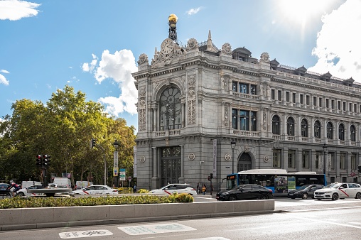 Madrid, Spain; 10-18-2023: Facade of the Bank of Spain building located between the famous Plaza de Cibeles and Alcala Street in Madrid