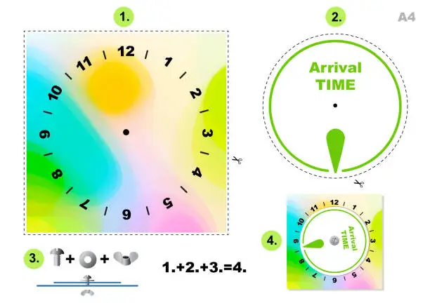 Vector illustration of Timer, Time parking disc - Car Parking Disc Timer, Clock Arrival Time Display , blue and pink design, printable A4, from Parking disc serieTimer