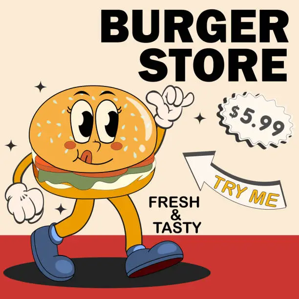 Vector illustration of Groovy template design of Fast food menu with burger. Really good for campaign and promotion poster