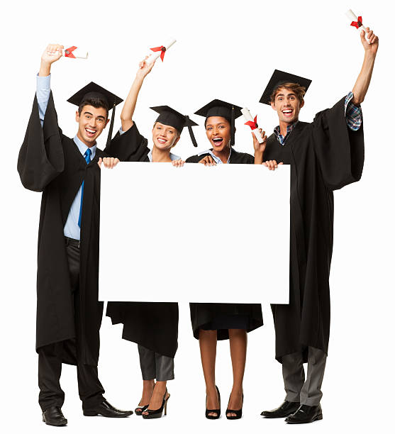 Cheerful Graduates Holding Blank Sign - Isolated