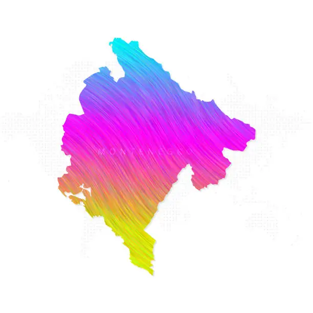 Vector illustration of Montenegro map in colorful halftone gradients. Future geometric patterns of lines abstract on white background