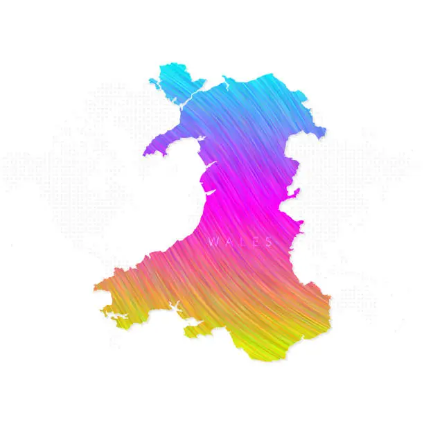 Vector illustration of Wales map in colorful halftone gradients. Future geometric patterns of lines abstract on white background