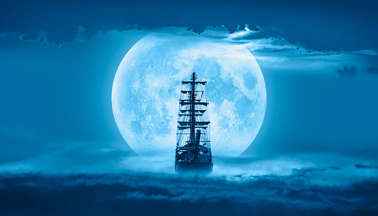 Moon: https://spaceplace.nasa.gov/all-about-the-moon/en/

Sailing old ship in a storm sea with full moon stormy clouds in the background 