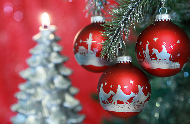 istock Religious: Christmas Nativity Scene Ornaments with tree in background 175244593