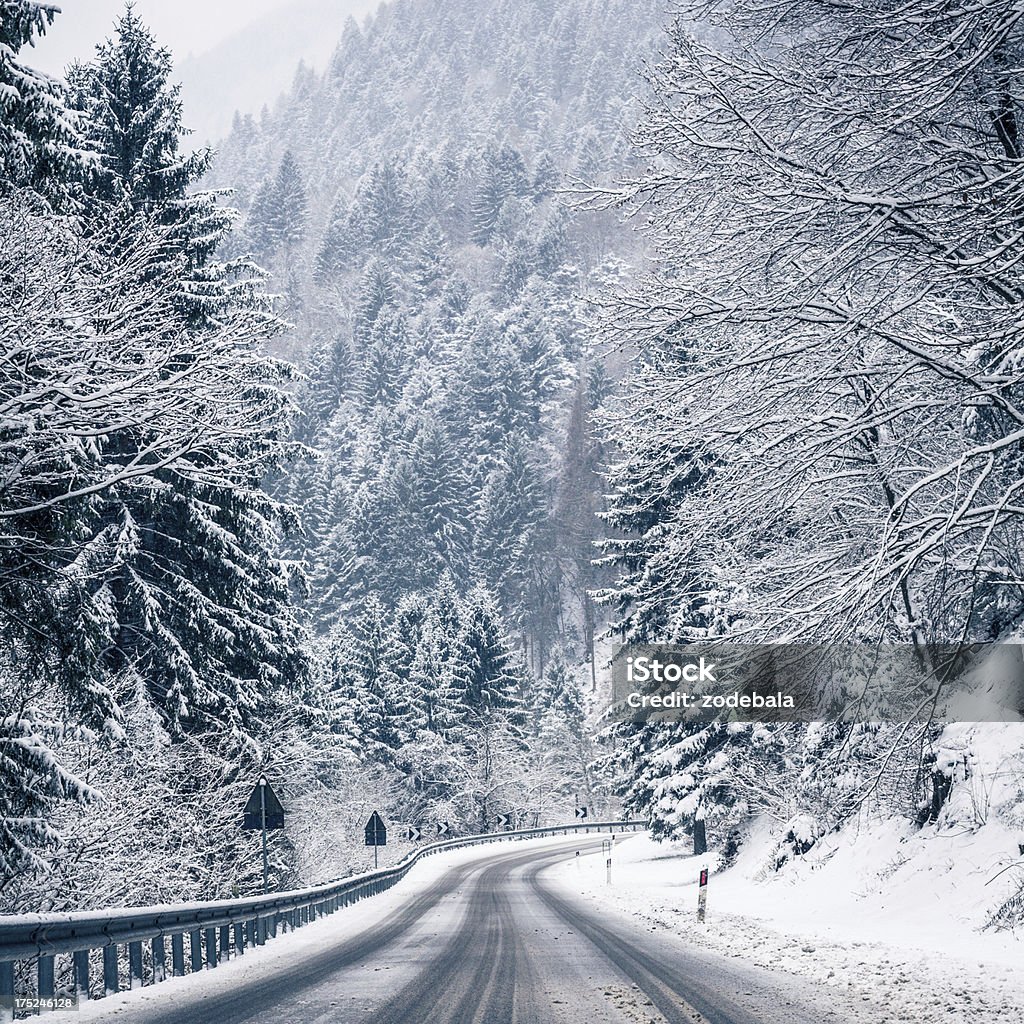 Estrada vazia com neve nos Alpes - Foto de stock de Neve royalty-free