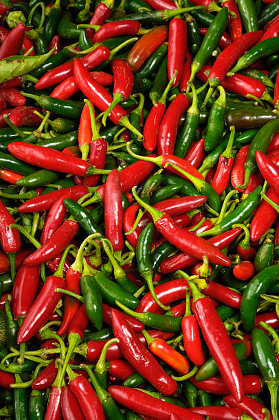 Close-up of Organic Peppers in Shipping Container "Close-up of just harvested organic green and red peppers in shipping container.Taken in the Watsonville, California, USA.Please view related images below or click on the banner lightbox links to view additional images, from related categories." anaheim pepper photos stock pictures, royalty-free photos & images