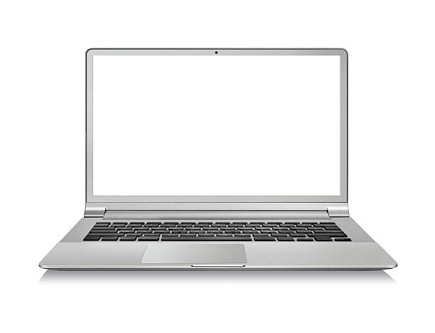 изолированные серебристый ноутбук с пустым экраном на белый - powerbook стоковые фото и изображения