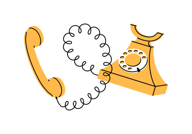 Yellow retro wired phone illustration Hand drawn cute cartoon illustration of retro wired phone. Flat vector old telephone accept the call sticker in colored doodle style. Hotline. Make a call. Pick up the phone icon or print. Isolated. rotary dial telephone cartoons stock illustrations