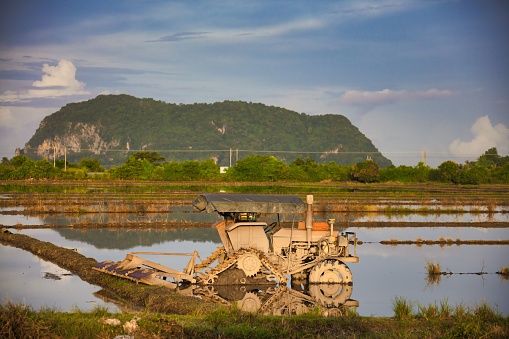 An old dump truck is pictured in a flooded field, with mountains in the backdrop