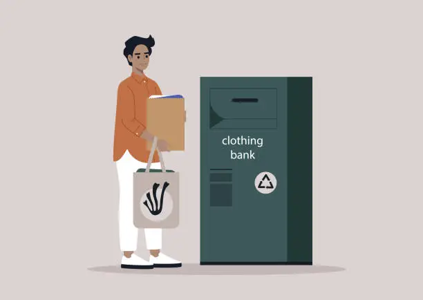 Vector illustration of A clothing bank scenario featuring a young character holding paper bags filled with used clothes to donate, highlighting a recycling and charitable theme