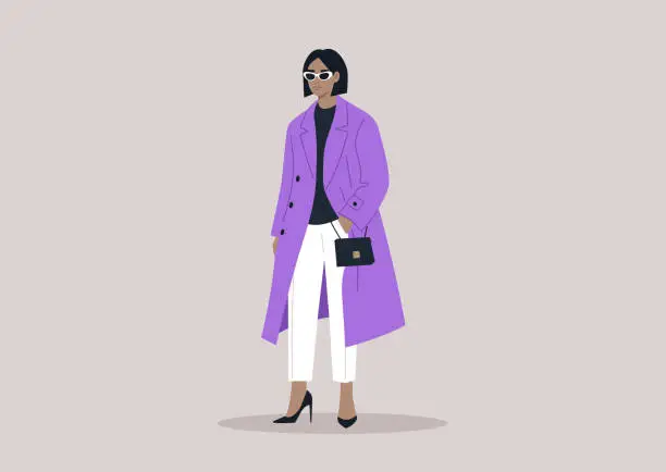 Vector illustration of A sophisticated young woman donning an elegant purple trench coat, accompanied by a small black handbag, and featuring stylish cat-eye sunglasses