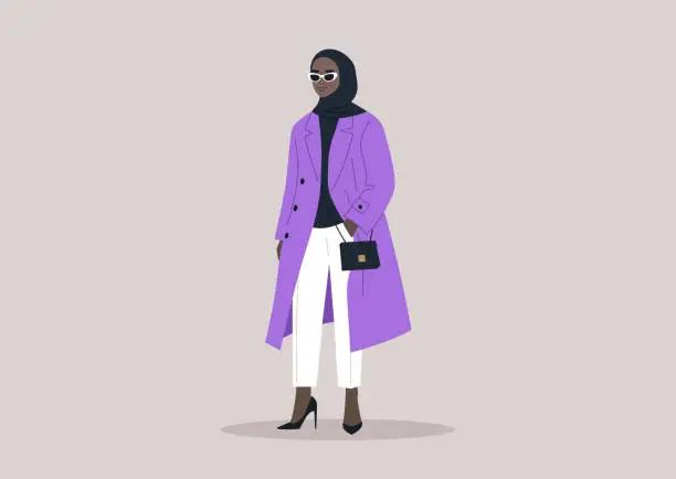 Vector illustration of A sophisticated young woman donning an elegant purple trench coat, accompanied by a small black handbag, and featuring stylish cat-eye sunglasses