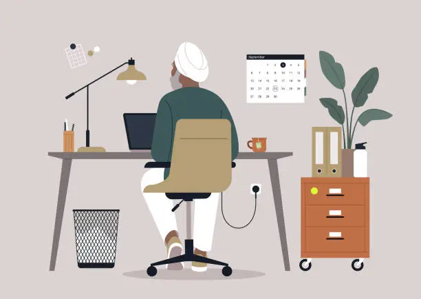 Vector illustration of A senior character sitting at a desk, diligently using their computer, seen from behind, a scene representing the concept of a working pensioner, highlighting continued productivity in later life.