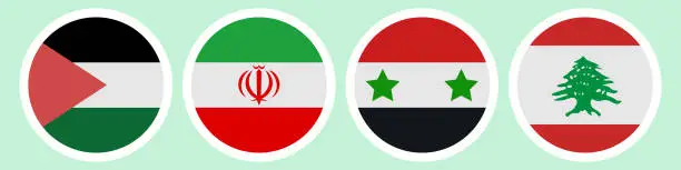Vector illustration of Palestine, Iran, Syria, Lebanon. Flags of different countries. A set of stickers.