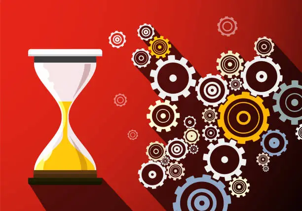Vector illustration of Cogs with hourglass on dark red background - vector time concept