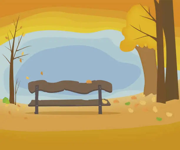 Vector illustration of City scene. Autumn city park with a bench in the center of the image.