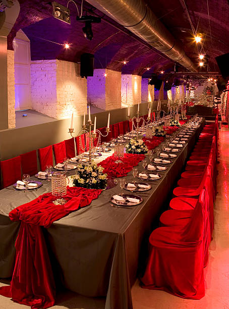 istock Long wedding table in brown and red with chandeliers 175251408
