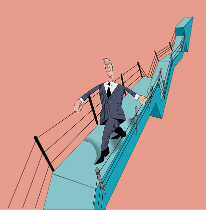 Vector businessman walking on the diagram in the form of a bridge with railings