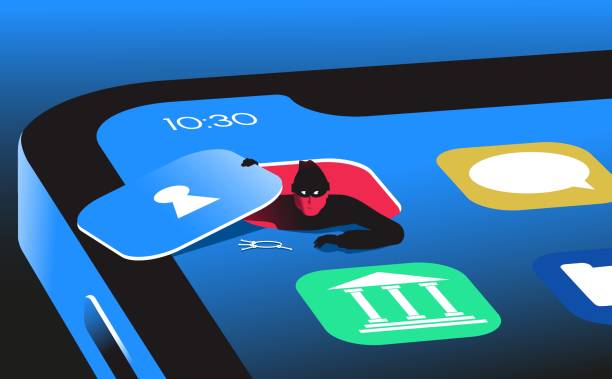 Hacker getting out of the smartphone app vector illustration Hacker getting out of the smartphone app. Online payment security, hacking, scam concept. Vector illustration. computer crime stock illustrations