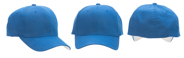 This image has three views of a blue baseball cap: front, back and 3/4 view. The cap is blank with copy space. The background is 255 white.