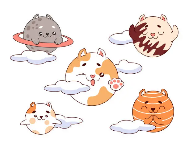 Vector illustration of Cute cats of the planet. The cat universe. Cats in space. Vector illustration