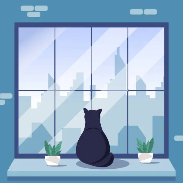 Vector illustration of A black cat sits on the windowsill and looks out the window at the big city. Vector