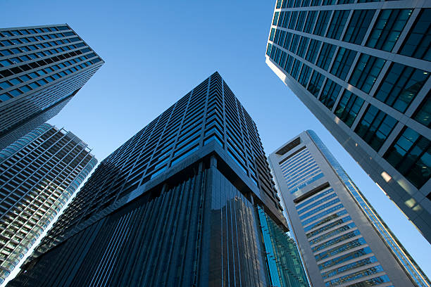 business torri - shimbashi district skyscraper building exterior low angle view foto e immagini stock