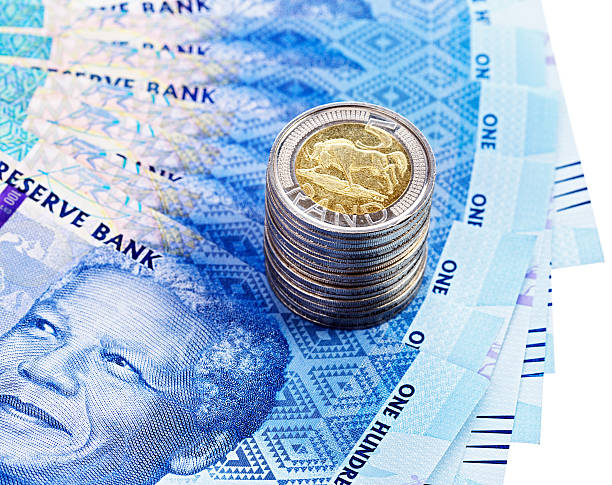 の束ファンアウト南アフリカ・マンデラ banknotes 、硬貨 - nelson mandela wildebeest blue new ストックフォトと画像