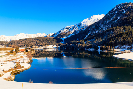 View of Davos lake in Graubunden canton, Switzerland