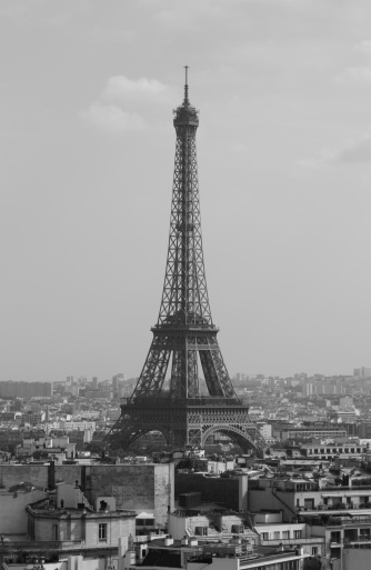 A black and white picture of the Eiffel Tower