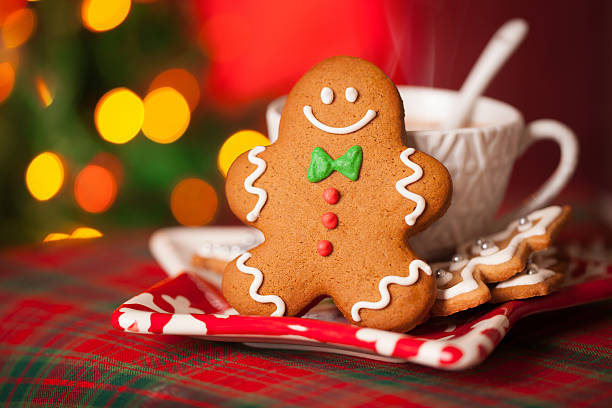 Gingerbread man and hot drink stock photo