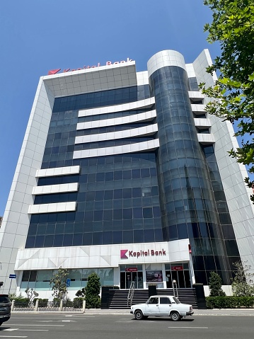 Baku, Azerbaijan - May 28, 2023: Kaspi Bank building in city center