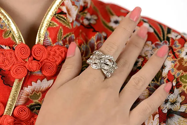 Photo of Diamond ring on finger and Chinese Cheongsam dress