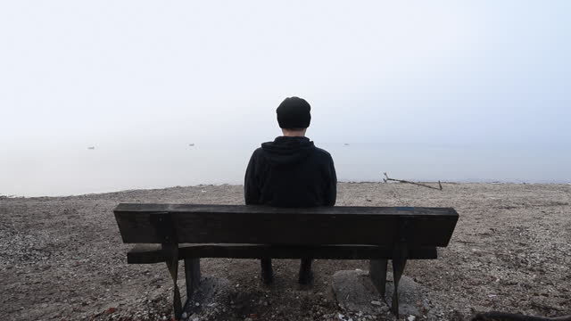 Rear view of alone male person sitting on the bench at the lake shoreline in foggy morning