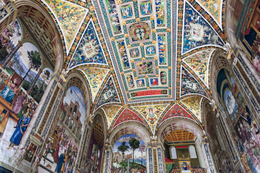 Frescoes in Piccolomini library in Siena Cathedral, Tuscany.